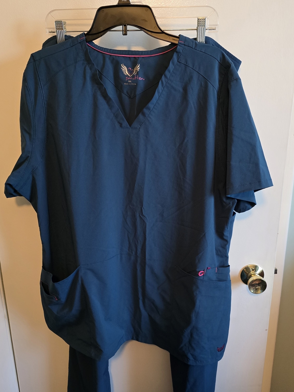 Smitten Navy Blue Women’s V-Neck Scrub Top with Pink Trim And Matching Pants